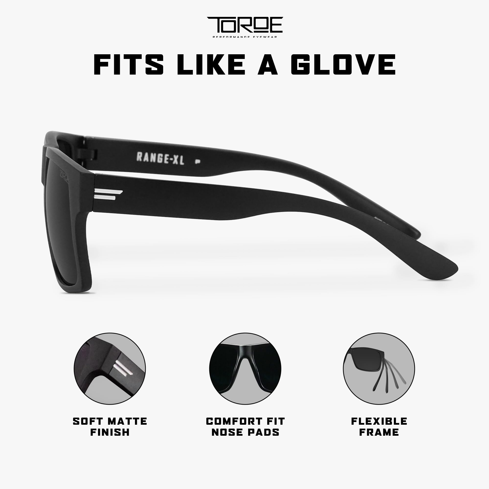 TOROE Eyewear Matte Black RANGE XL Frame Sunglasses Light Weight TR90 Frame, Polarized Polycarbonate Lens (Matte Black | White Emblem, Black (C4))