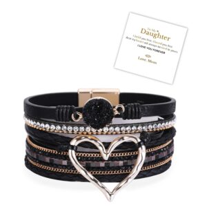 Dcfywl731 Multilayer Wrap Leather Bracelet Heart Modern Boho Bracelet Clasp Cuff Rhinestone Leather Bracelets for Women (Black)