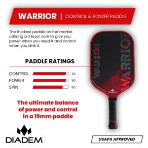 Diadem Warrior Pickleball Paddle | 3X L-Core Hybrid Nomex Polymer Honeycomb Core, Grit Paint Surface for Spin, Control and Power | Indoor/Outdoor | USAPA Approved (Red)