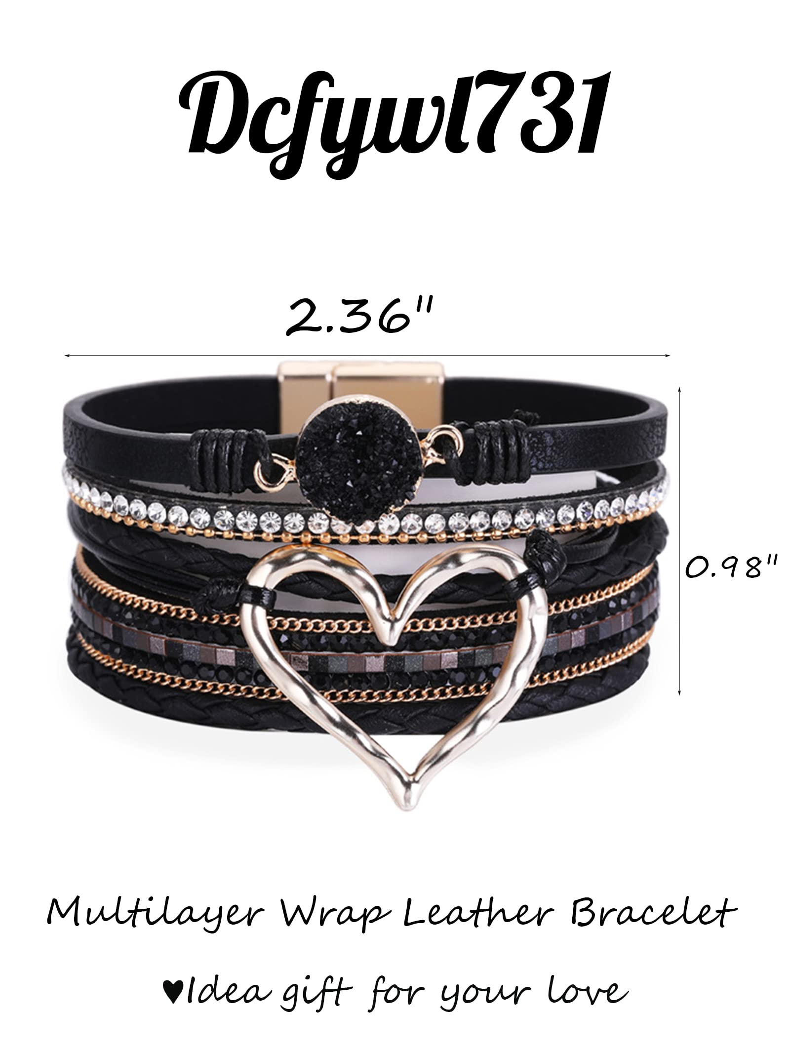 Dcfywl731 Multilayer Wrap Leather Bracelet Heart Modern Boho Bracelet Clasp Cuff Rhinestone Leather Bracelets for Women (Black)