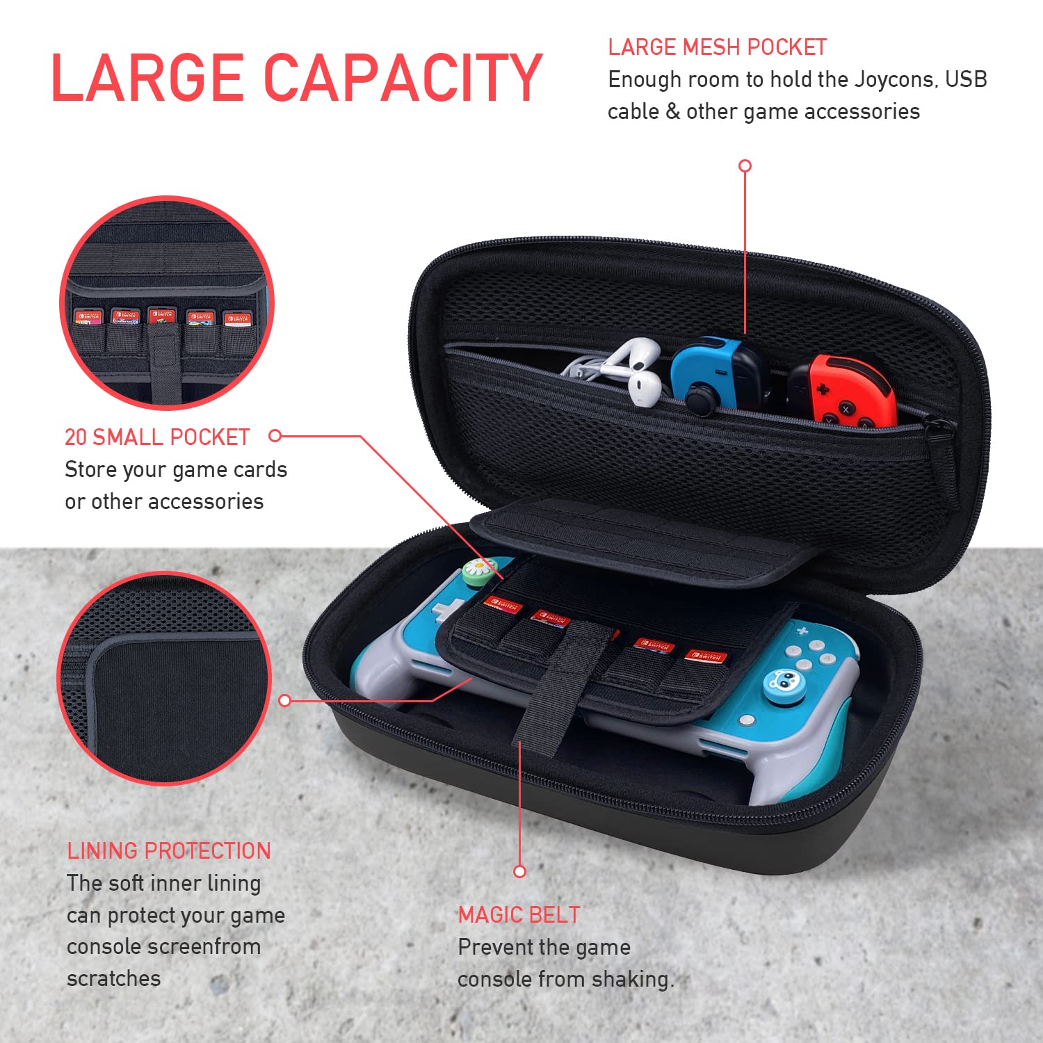 MEQI Carrying Case for Nintendo Switch/OLED Model/Switch Lite, Protective Travel Carry Pouch with 20 Game Card Slots & Large Space Pocket for Travel