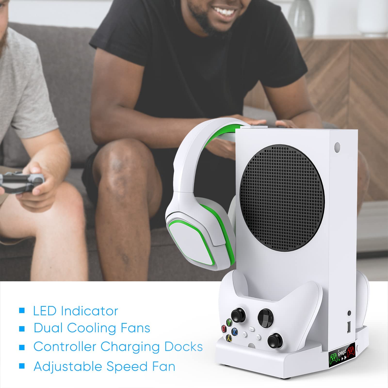 Vertical Cooling Stand with Suction Cooling Fan& Dual Controller Charger Station for Xbox Series S, Cooling Station with 3 Levels Adjustable Fan Speed Cooling System, Headset Stand and Extra USB Ports