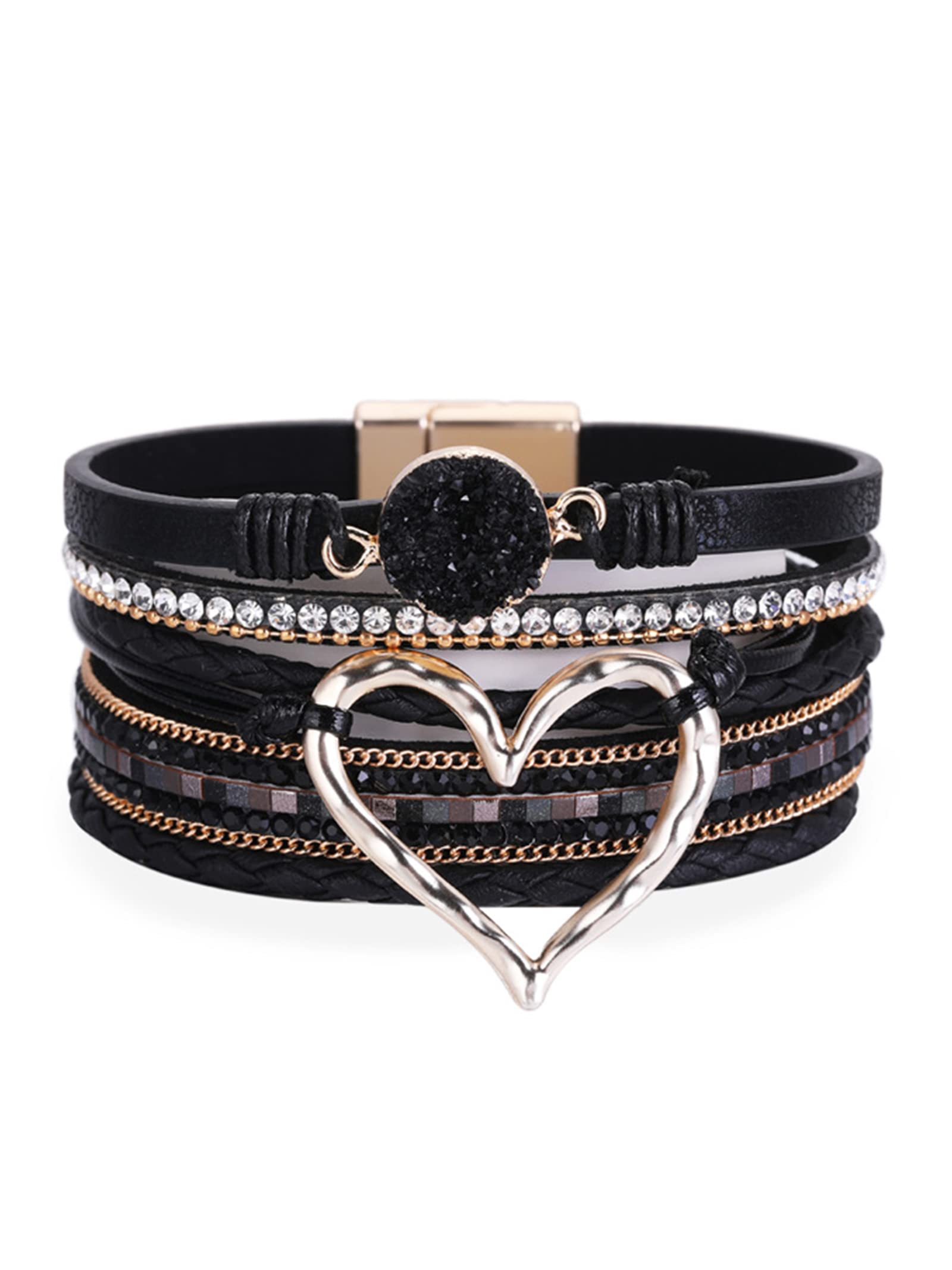 Dcfywl731 Multilayer Wrap Leather Bracelet Heart Modern Boho Bracelet Clasp Cuff Rhinestone Leather Bracelets for Women (Black)