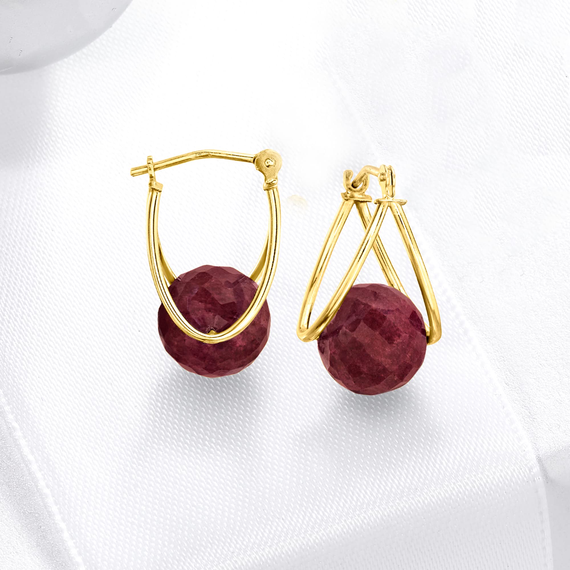 Ross-Simons 14.00 ct. t.w. Ruby Bead Double-Hoop Earrings in 14kt Yellow Gold