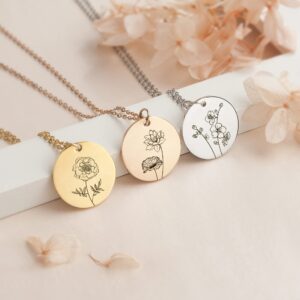 Anavia Birth Month Flower Necklace Birthday Gifts, Personalized Engraved Floral Coin Necklace, Customized Love Jewelry Necklace for Her Mom Sister Girlfriend Lily Poppy Sunflower (Silver)