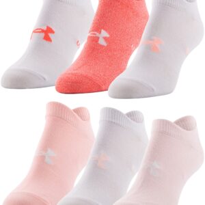 Under Armour Women's Essential 2.0 Lightweight No Show Socks, 6-Pairs, Beta Tint/White/White, Medium