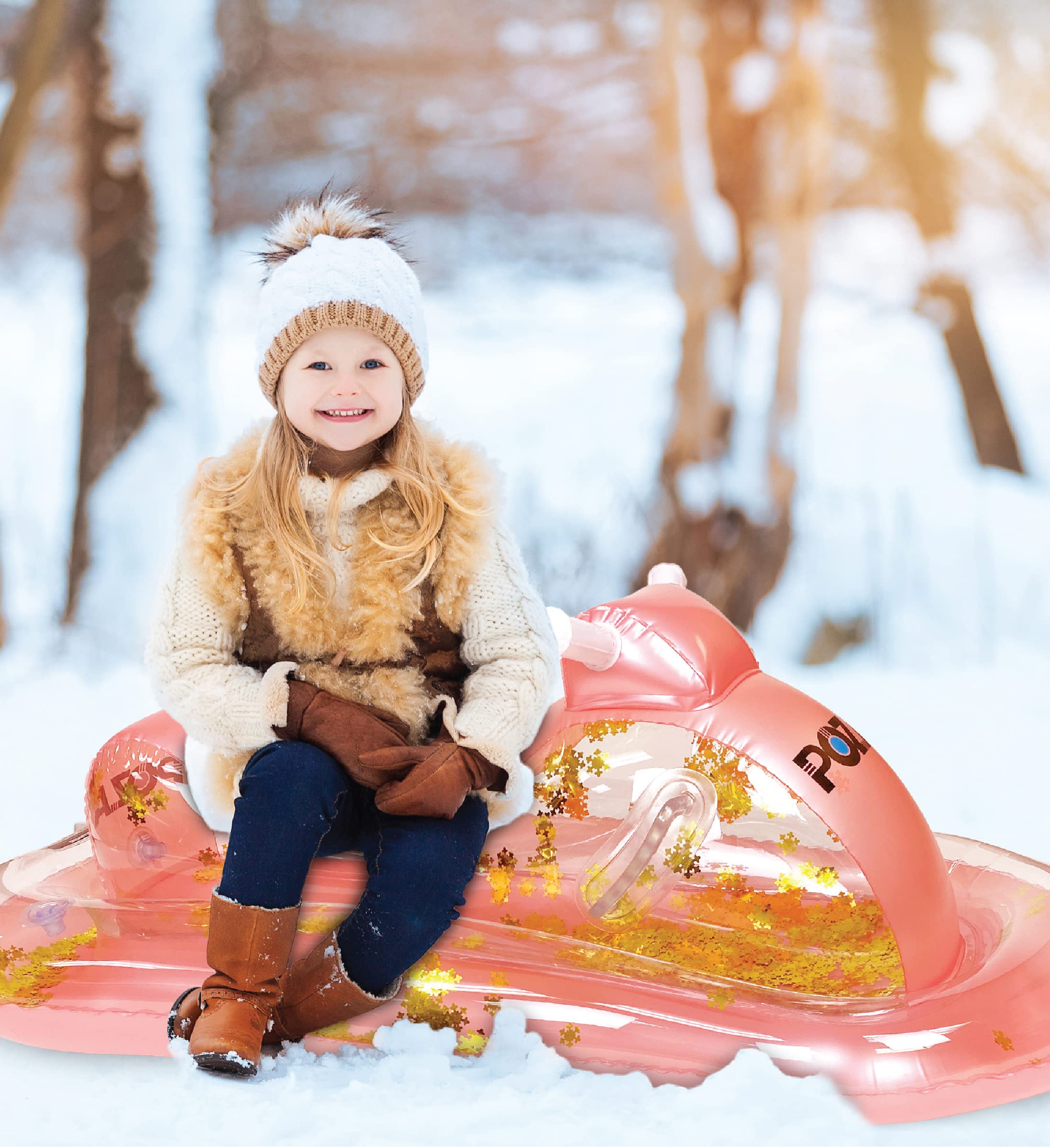 POZA Inflatable Rose Gold Snowmobile Sled - Luxurious Snow Sled with Handles filled with Gold Snowflake Confetti, Premium Cold Resistant PVC Heavy Duty Sled, Ski Sled for Adults and Kids - 51 Inches