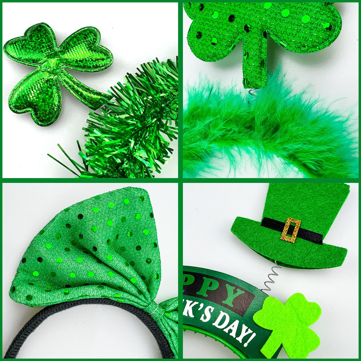 PARTYWIND 12 PCS St Patrick’s Day Headband, Glitter Saint Patricks Day Accessories Headbands for Women Kids with Shamrock/Hat/Bow, Irish Costume for Party Supplies