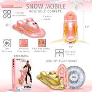 POZA Inflatable Rose Gold Snowmobile Sled - Luxurious Snow Sled with Handles filled with Gold Snowflake Confetti, Premium Cold Resistant PVC Heavy Duty Sled, Ski Sled for Adults and Kids - 51 Inches