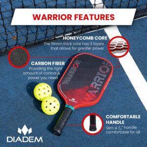 Diadem Warrior Pickleball Paddle | 3X L-Core Hybrid Nomex Polymer Honeycomb Core, Grit Paint Surface for Spin, Control and Power | Indoor/Outdoor | USAPA Approved (Red)