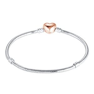 QeenseKc Rose Gold Heart Clasp Snake Chain Bracelet for Women Girls fit European Pandora Style Charm Bead 19cm (BR_Barrel_Heart_Rose_19)