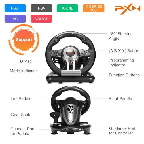 PXN PC Racing Wheel, V3II 180 Degree Universal USB Car Sim Game Steering Wheel with Pedals for Xbox One, Xbox Series S/X PS3, PS4, Switch