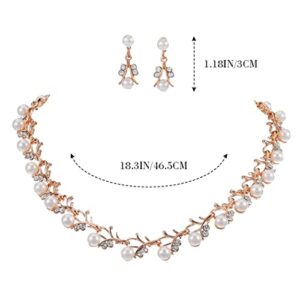 Unicra Pearl Bride Wedding Jewelry Set Crystal Bridal Necklace Bracelet Earrings Sets Rhinestone Choker Necklace Prom Costume Jewelry Set for Women and Brides (Gold)