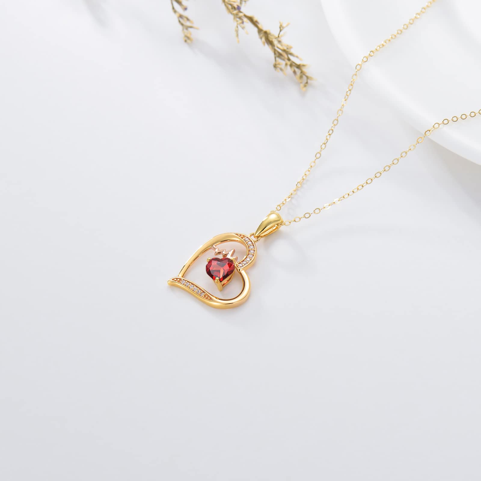 Ayafee 14K Gold Love Heart Pendant Necklace with Garnet, Heartbeat Necklace Valentine's Day Anniversary Jewelry Gift for Wife Girlfriend