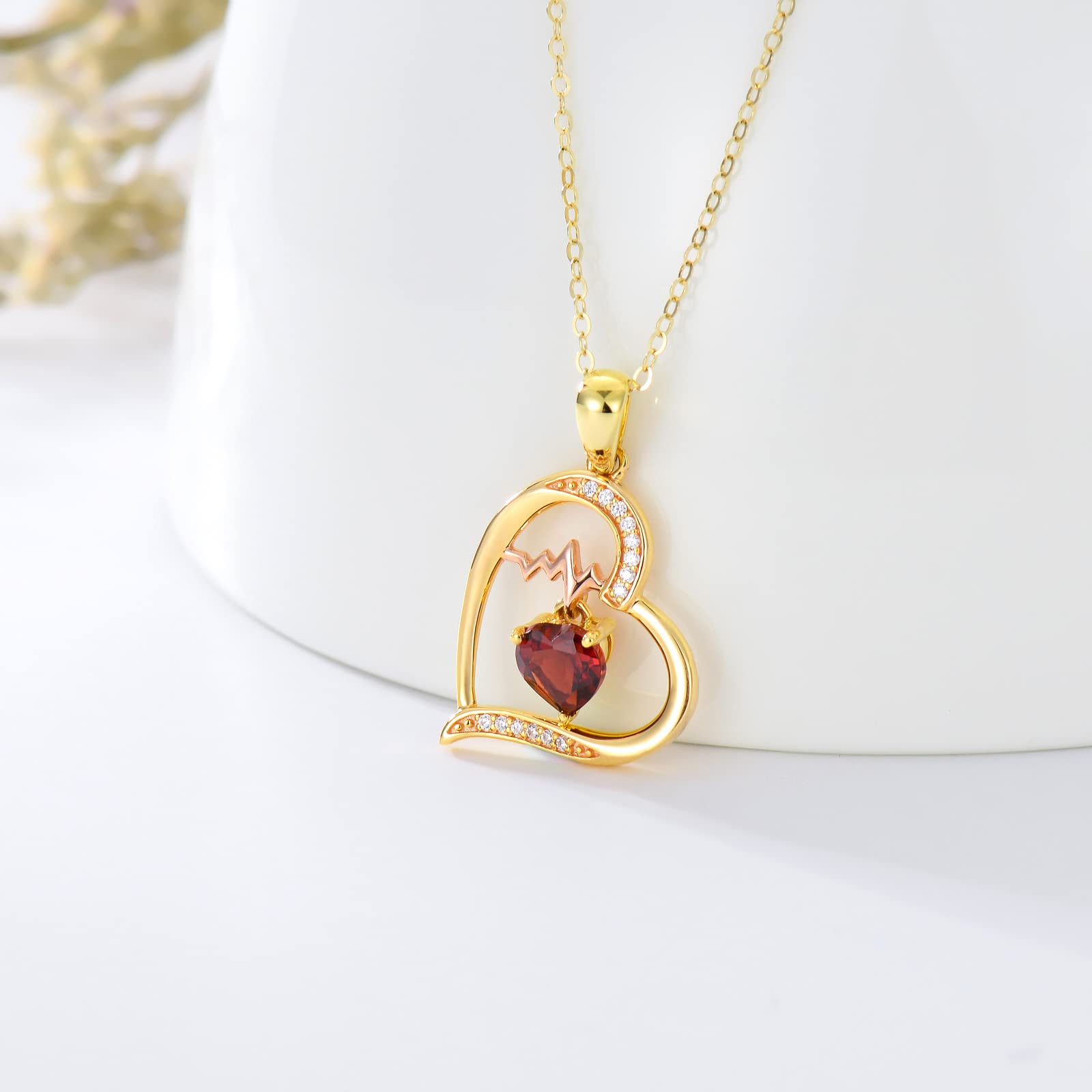 Ayafee 14K Gold Love Heart Pendant Necklace with Garnet, Heartbeat Necklace Valentine's Day Anniversary Jewelry Gift for Wife Girlfriend