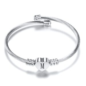 minijewelry initial m silver heart bangle cuff bracelet for women alphabet letter name stainless steel