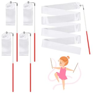 hydren white gymnastics ribbon sticks 4 pieces rhythmic dancing streamers praise ribbon dancer wand twirling baton for adults kids ribbon streamers for talent shows artistic dancing(white,4 pieces)