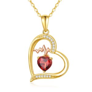 ayafee 14k gold love heart pendant necklace with garnet, heartbeat necklace valentine's day anniversary jewelry gift for wife girlfriend