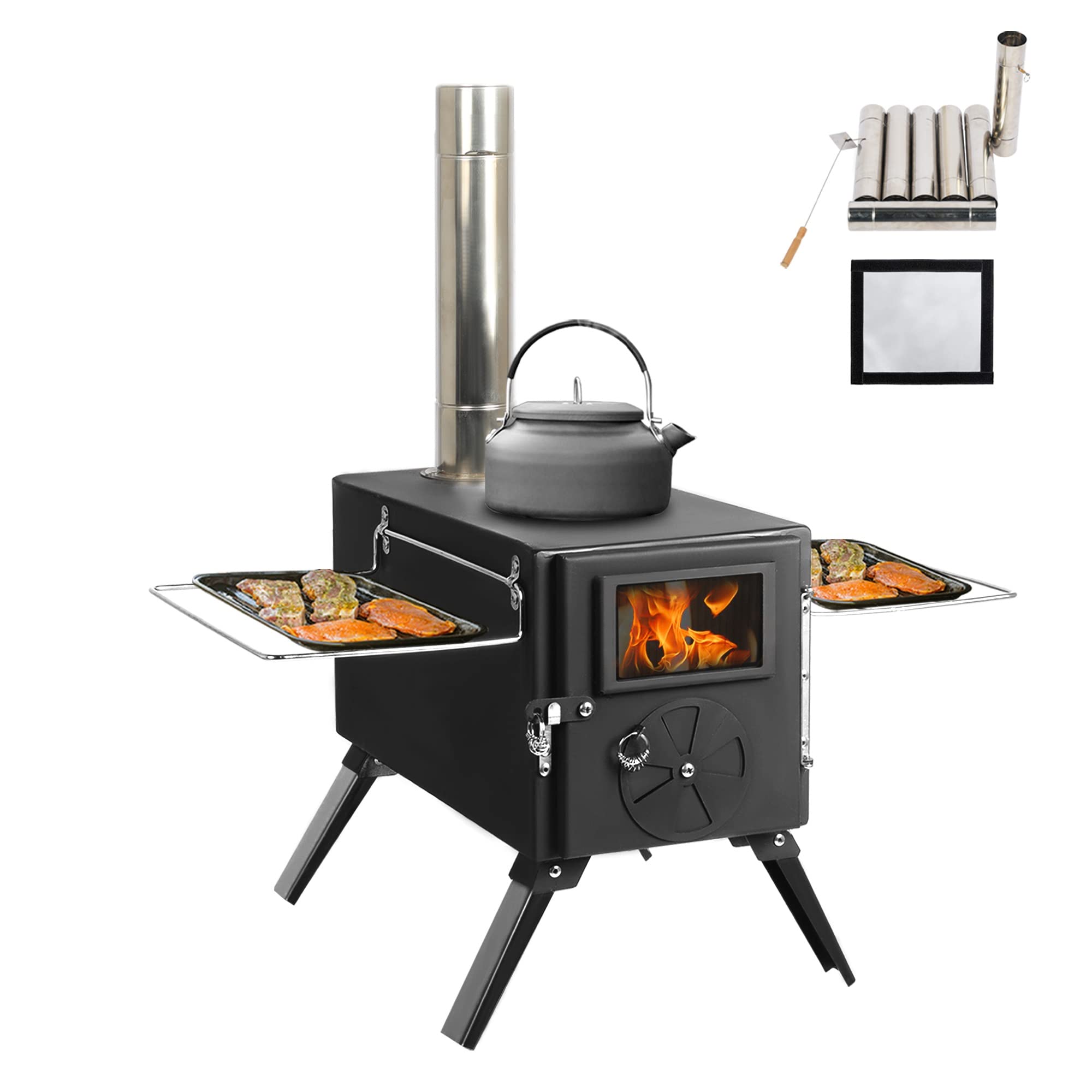 UNDUSLUY Outdoor Portable Wood Burning Stove, Heating Burner Stove for Tent,Camping, Ice-fishing, Cookout, Hiking, Travel, Includes Pipe Tent Stove+Tent Stove Jack