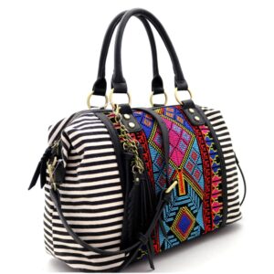 Boho Tassel Leaf Charm Aztec & Stripe Embroidered Canvas Satchel Tote Handbag Purse (Embroidered Satchel - Black/Black)