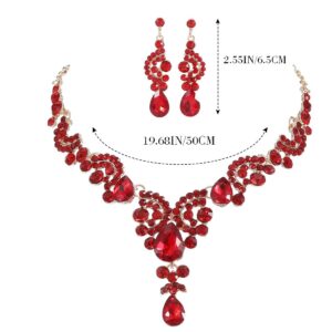 Unicra Bride Wedding Jewelry Sets Crystal Bridal Necklace Earrings Set Rhinestone Choker Necklace Prom Costume Jewelry for Women and Brides (Red)