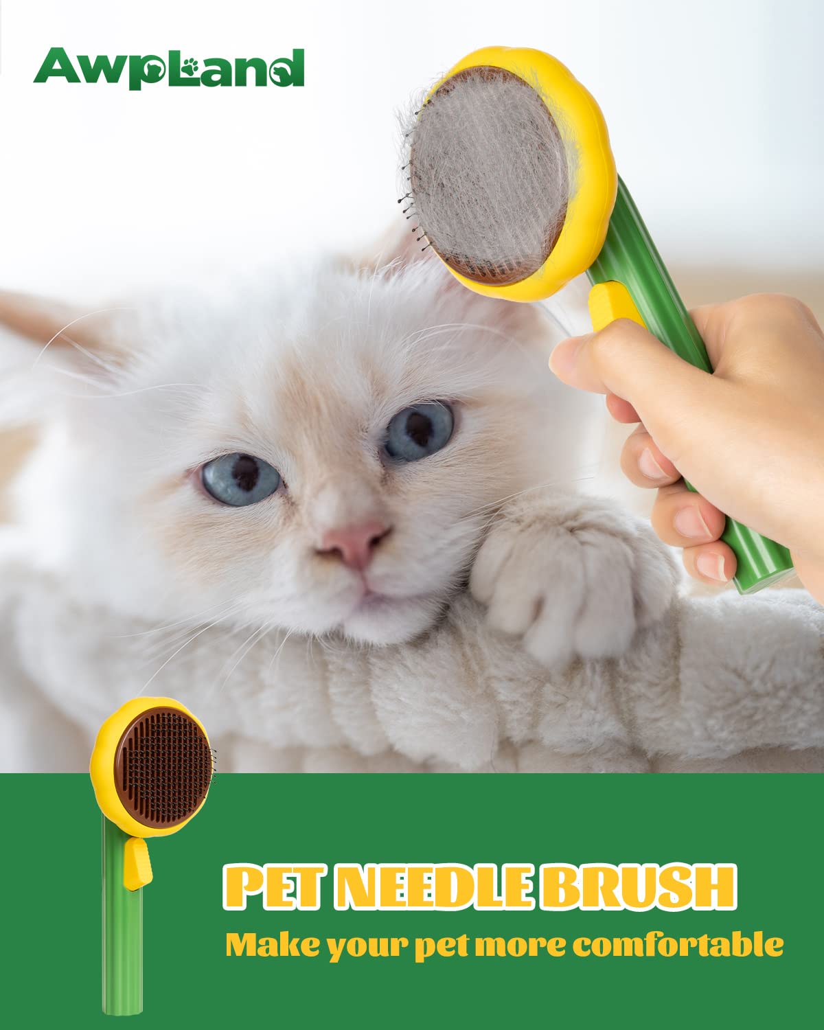 Awpland Cat Brush for Shedding, Sunflower Shape Self Cleaning Slicker Brush for Dogs Cats Puppy Rabbits, Cat Hair Brush for Removing Loose Hair, Fur, Undercoat, Mats, Tangled Hair, Knots