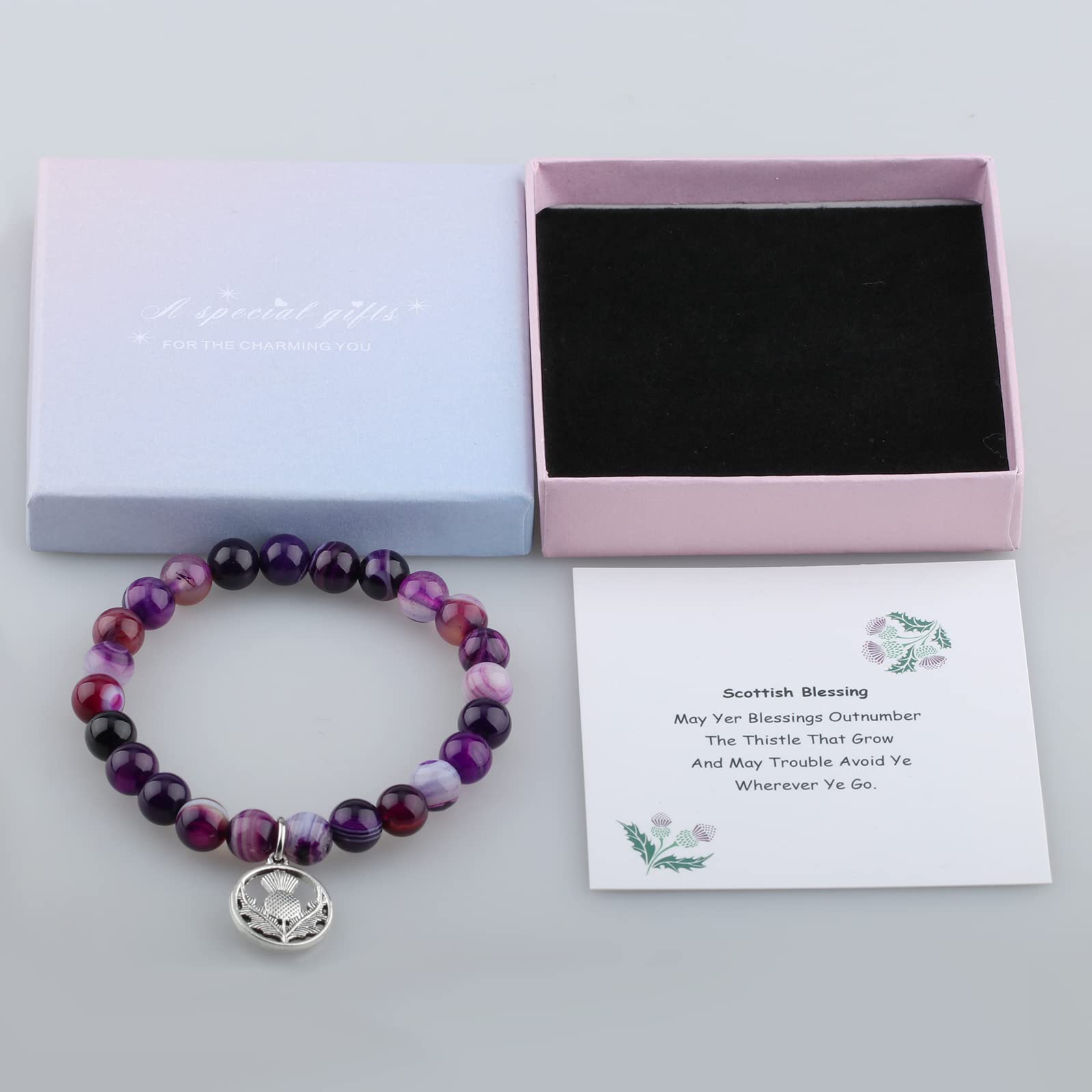 ARHTF Sassenach Gift Scottish Thistle Bracelet,Celtic Thistle Charm Thistle Blessing Amethyst Beads Thistle Flower Jewelry,Scottish Thistle Jewelry for Women (Purple Thistle)