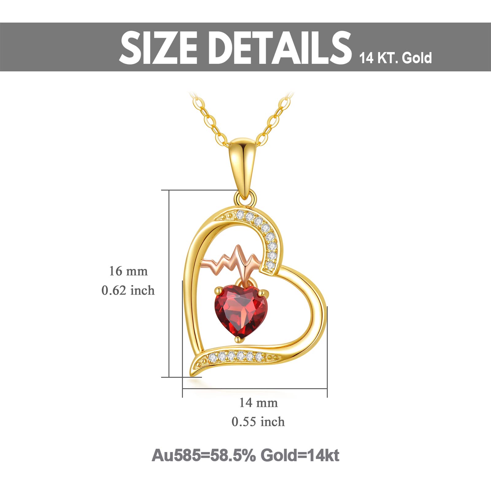 Ayafee 14K Gold Love Heart Pendant Necklace with Garnet, Heartbeat Necklace Valentine's Day Anniversary Jewelry Gift for Wife Girlfriend