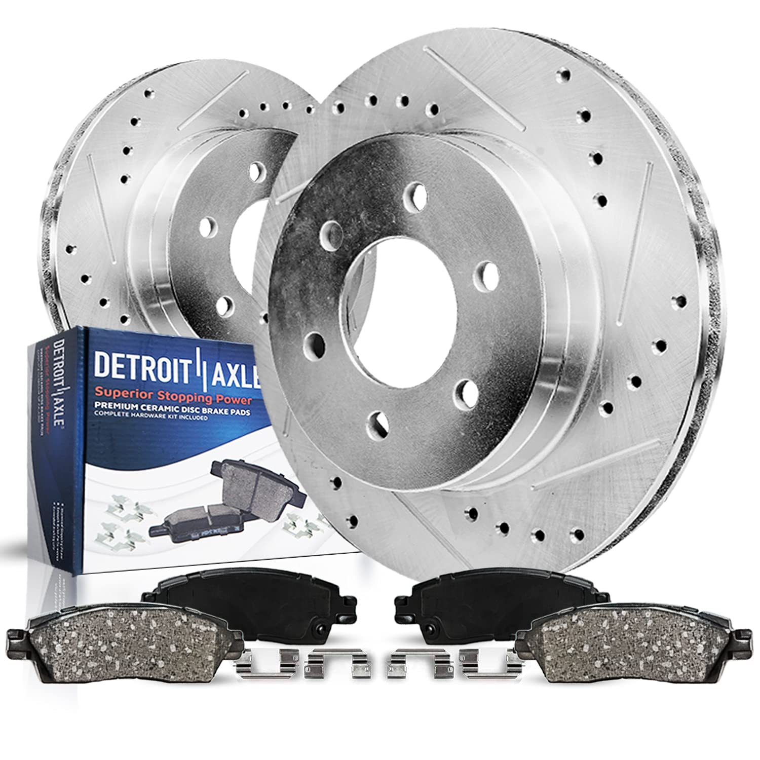 Detroit Axle - Rear Brake Kit for 2012-2020 Ford F-150 Drilled & Slotted 6-Lug Brake Rotors Replacement 2013 2014 2015 2016 2017 2018 2019 Ceramic Brakes Pads [Manual Parking Only]