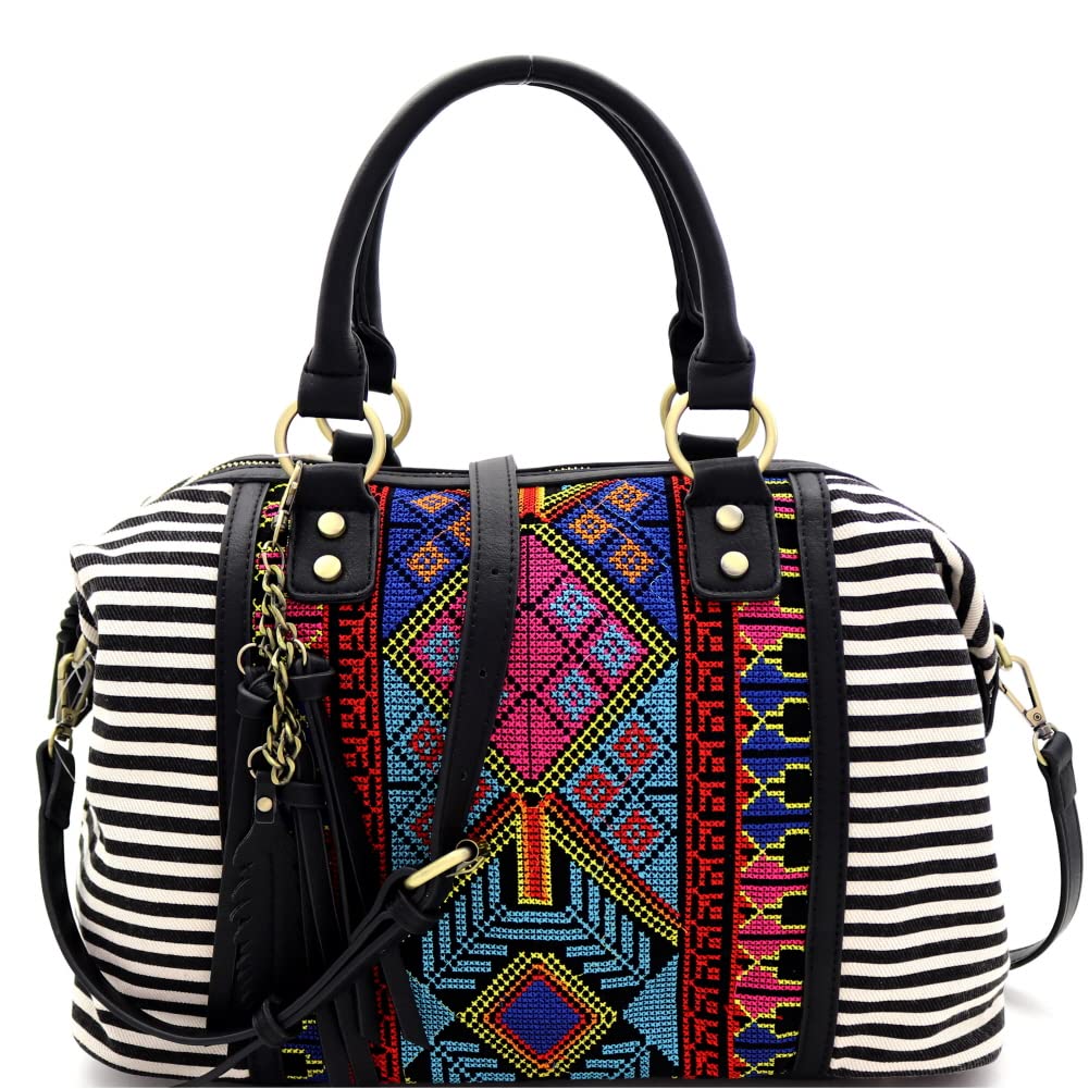 Boho Tassel Leaf Charm Aztec & Stripe Embroidered Canvas Satchel Tote Handbag Purse (Embroidered Satchel - Black/Black)