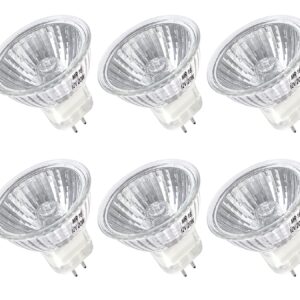 MR16 Halogen Bulb 20W Dimmable 12V GU5.3 Bi Pin Base Spotlight with Long Lifespan, 2700K Warm White MR16 Bulbs with Clear Glass Cover for Landscape, Track Lights, Fiber Optics, Desk Lamps, 6 Pack