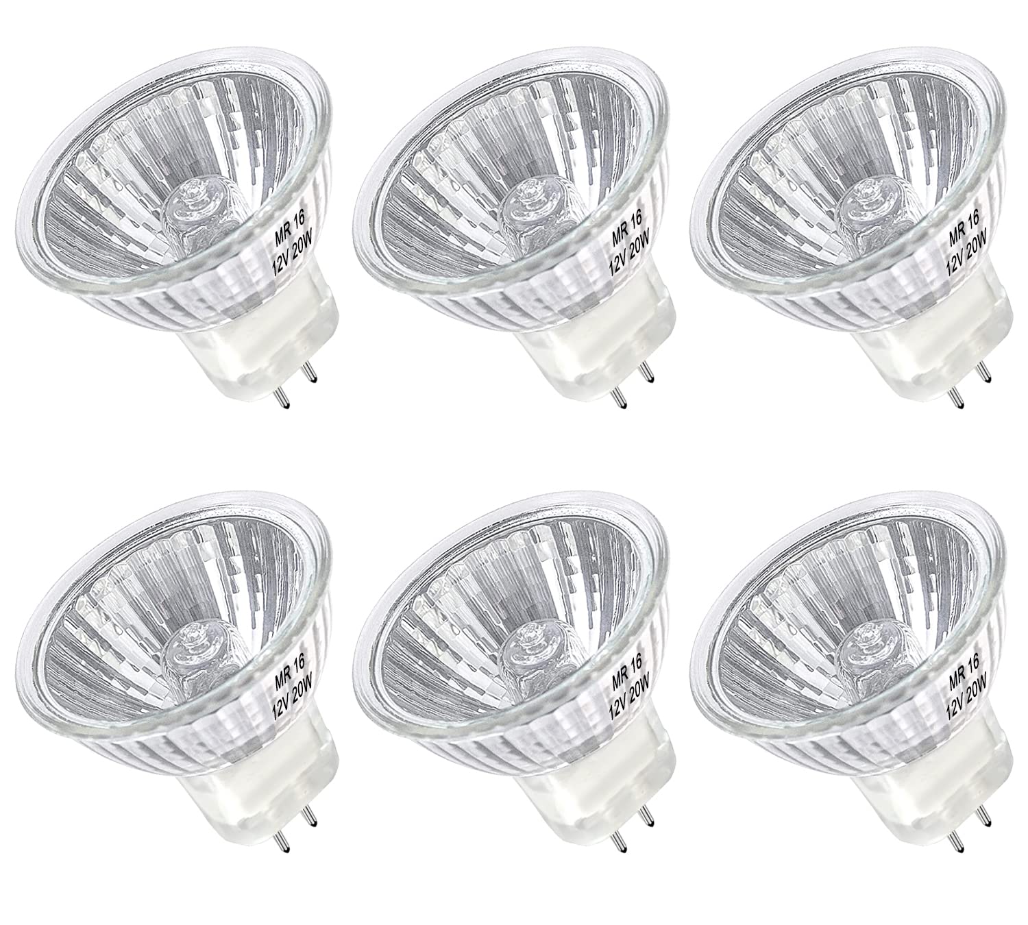 MR16 Halogen Bulb 20W Dimmable 12V GU5.3 Bi Pin Base Spotlight with Long Lifespan, 2700K Warm White MR16 Bulbs with Clear Glass Cover for Landscape, Track Lights, Fiber Optics, Desk Lamps, 6 Pack