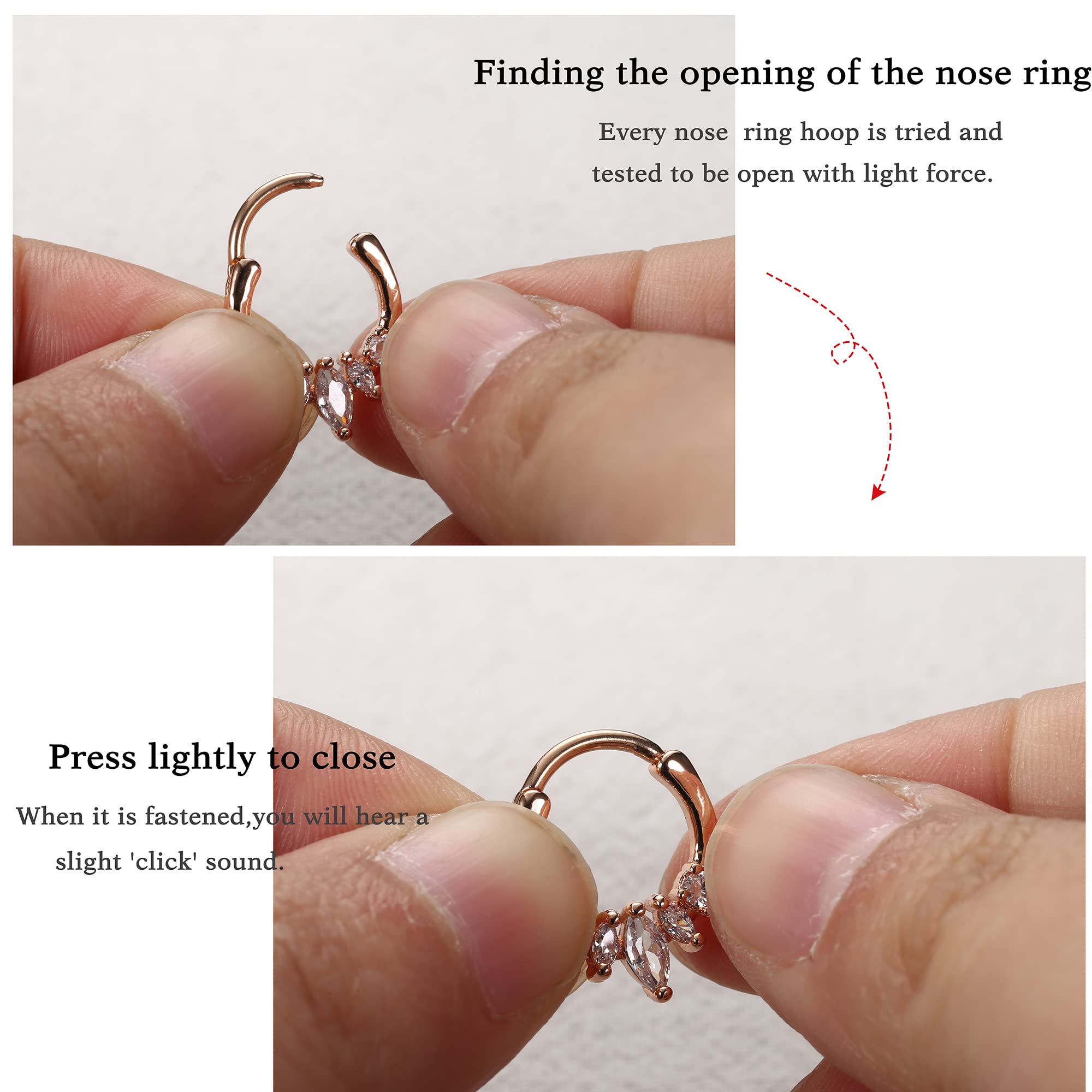 Ubjuliwa 9Pcs Septum Jewelry 16G Daith Earrings Hinged Hoop Nose Rings 316L Stainless Steel Septum Clicker CZ Rings for Women Rose Gold Cartilage Helix Tragus Rook Hoop Daith Earrings 8MM Style B