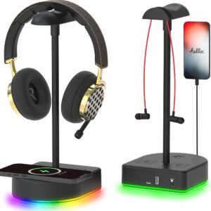 RGB Headphone Stand with Wireless Charger Desk Gaming Headset Holder Hanger Rack with 15W/10W/7.5W QI Charging and USB Port Suitable for Gamer Desktop Table Game Earphone Accessories