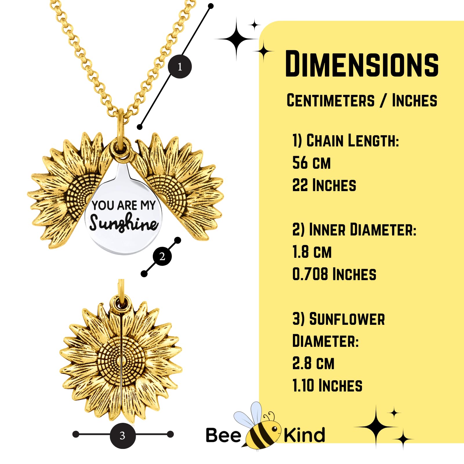 Bee Kind The Original You Are My Sunshine Sunflower Necklace for Girls - A Sunflower Locket Necklace Made With Stainless Steel and 18K Gold Plating comes with Personalized Gift with Box for Women