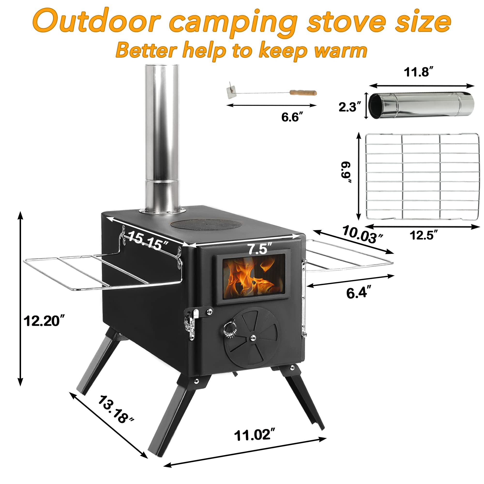 UNDUSLUY Outdoor Portable Wood Burning Stove, Heating Burner Stove for Tent,Camping, Ice-fishing, Cookout, Hiking, Travel, Includes Pipe Tent Stove+Tent Stove Jack