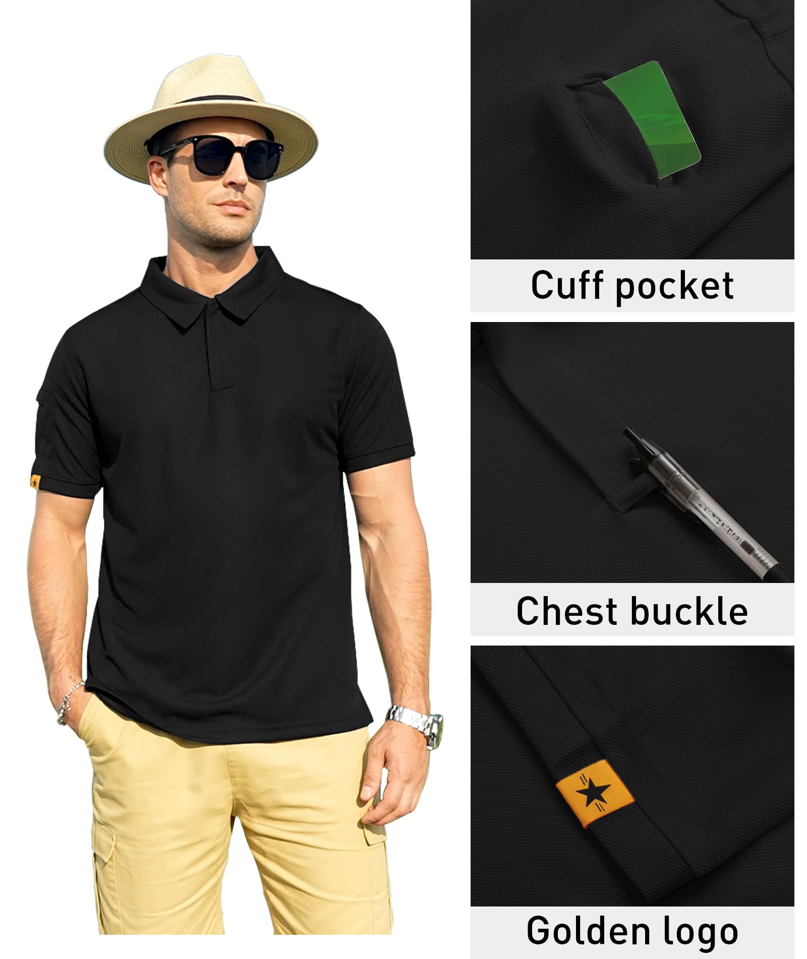 ZITY Mens Polo Shirt Short Sleeve Sports Tactical T-Shirt Athletic Golf Polos Daily Casual Stylish Collared Shirts for Men Black X-Large