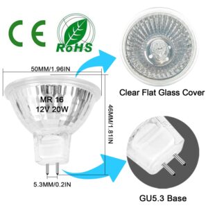 MR16 Halogen Bulb 20W Dimmable 12V GU5.3 Bi Pin Base Spotlight with Long Lifespan, 2700K Warm White MR16 Bulbs with Clear Glass Cover for Landscape, Track Lights, Fiber Optics, Desk Lamps, 6 Pack