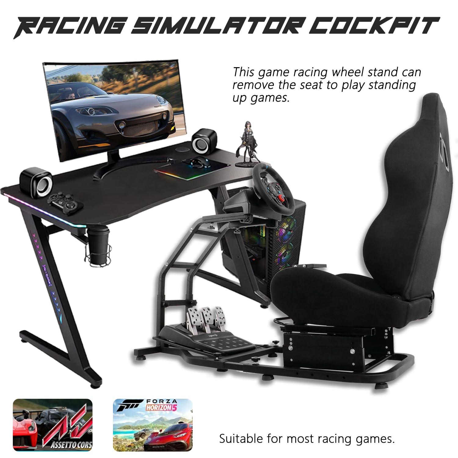 Anman Stand-up Racing Simulation Cockpit with Seat fit for Logitech/Thrustmaster/Fanatec G25,G29,G920,G923,T80,G PRO,T300RS,TMX,T248X,Sim Racing Cockpit Professional,NOT Included Wheel Shifter Pedal