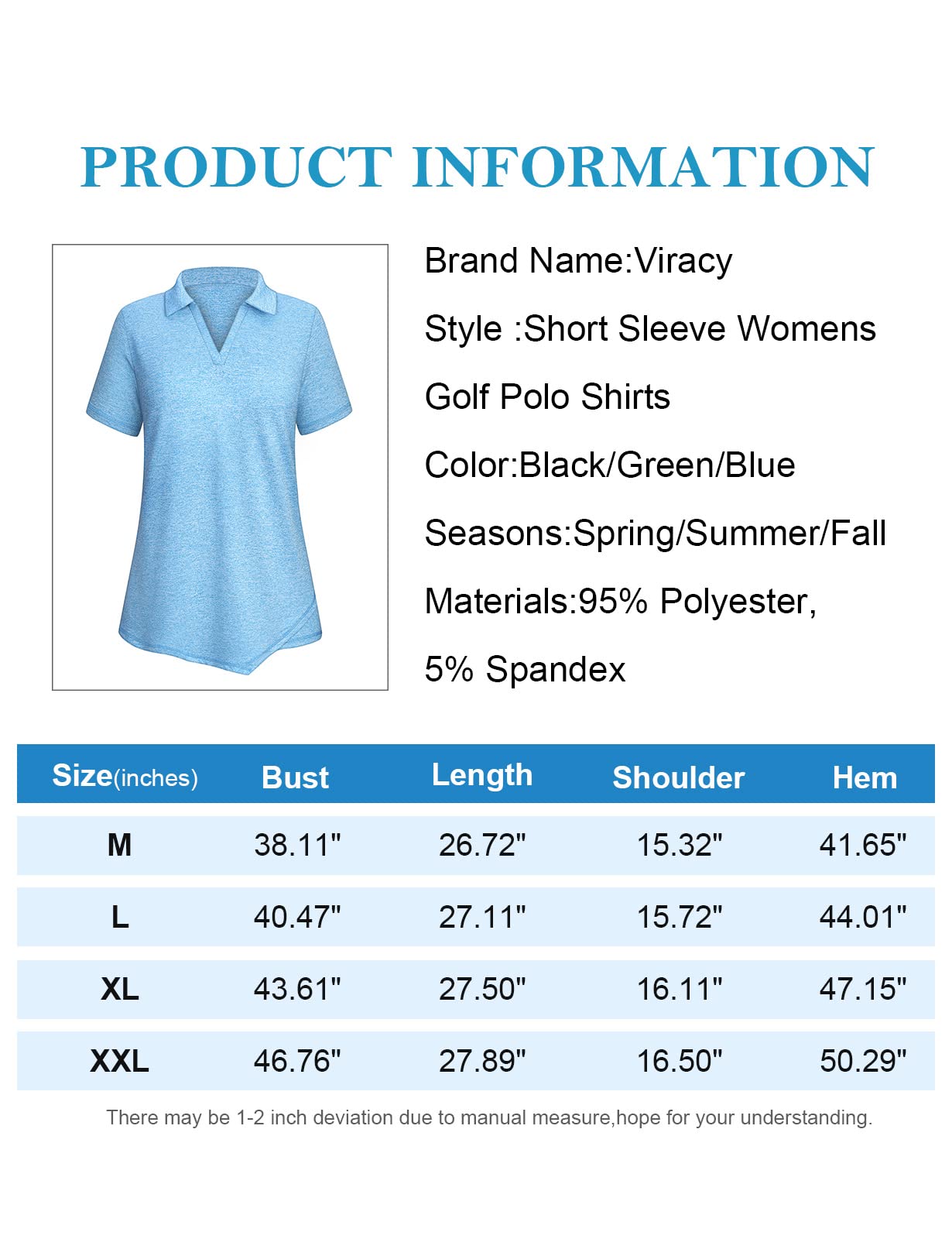 Viracy Golf Shirts for Women, Collared Polo Shirt Short Sleeve V Neck Yoga Running Tops Irregular Hem Moisture Wicking Tennis Apparel,Blue-XL