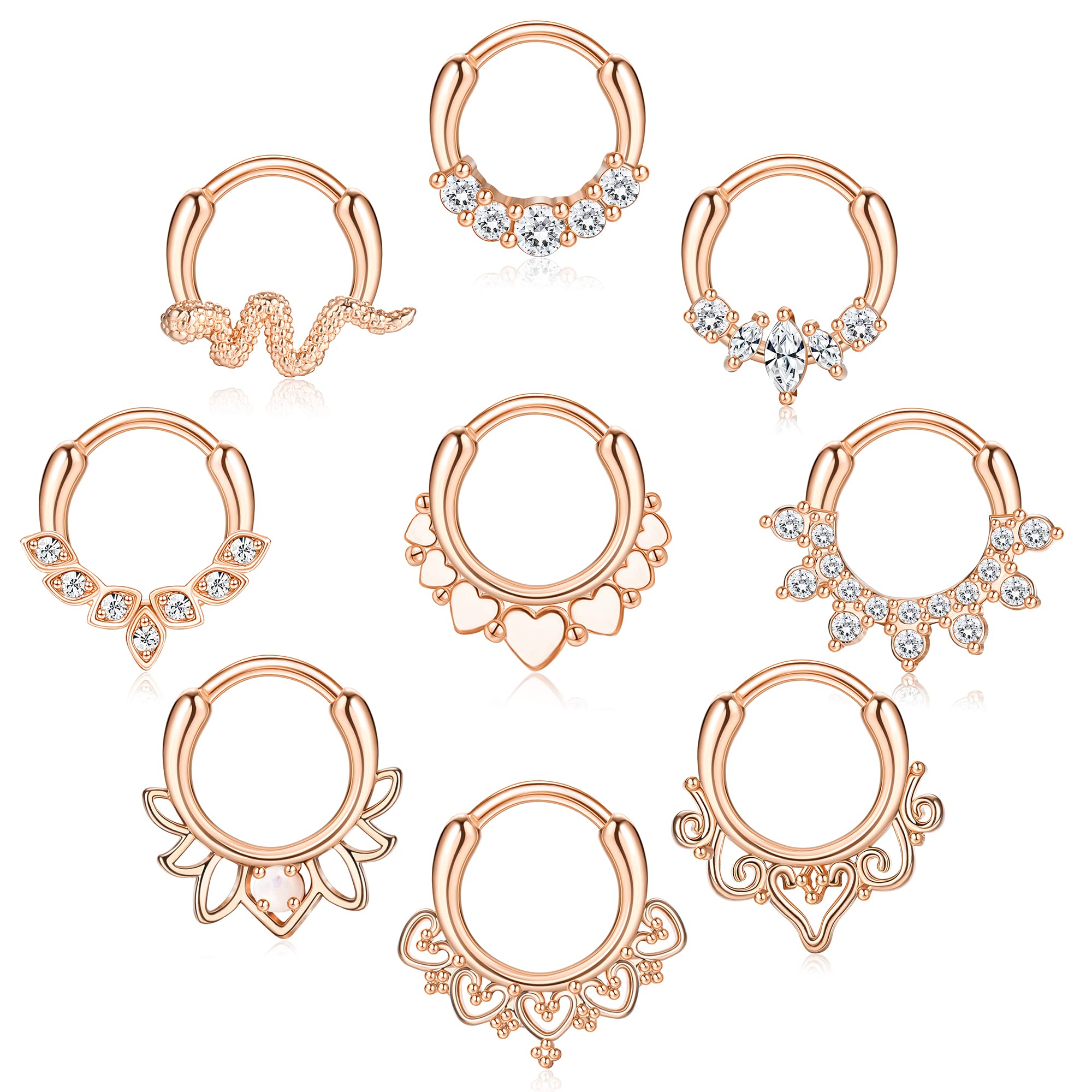 Ubjuliwa 9Pcs Septum Jewelry 16G Daith Earrings Hinged Hoop Nose Rings 316L Stainless Steel Septum Clicker CZ Rings for Women Rose Gold Cartilage Helix Tragus Rook Hoop Daith Earrings 8MM Style B