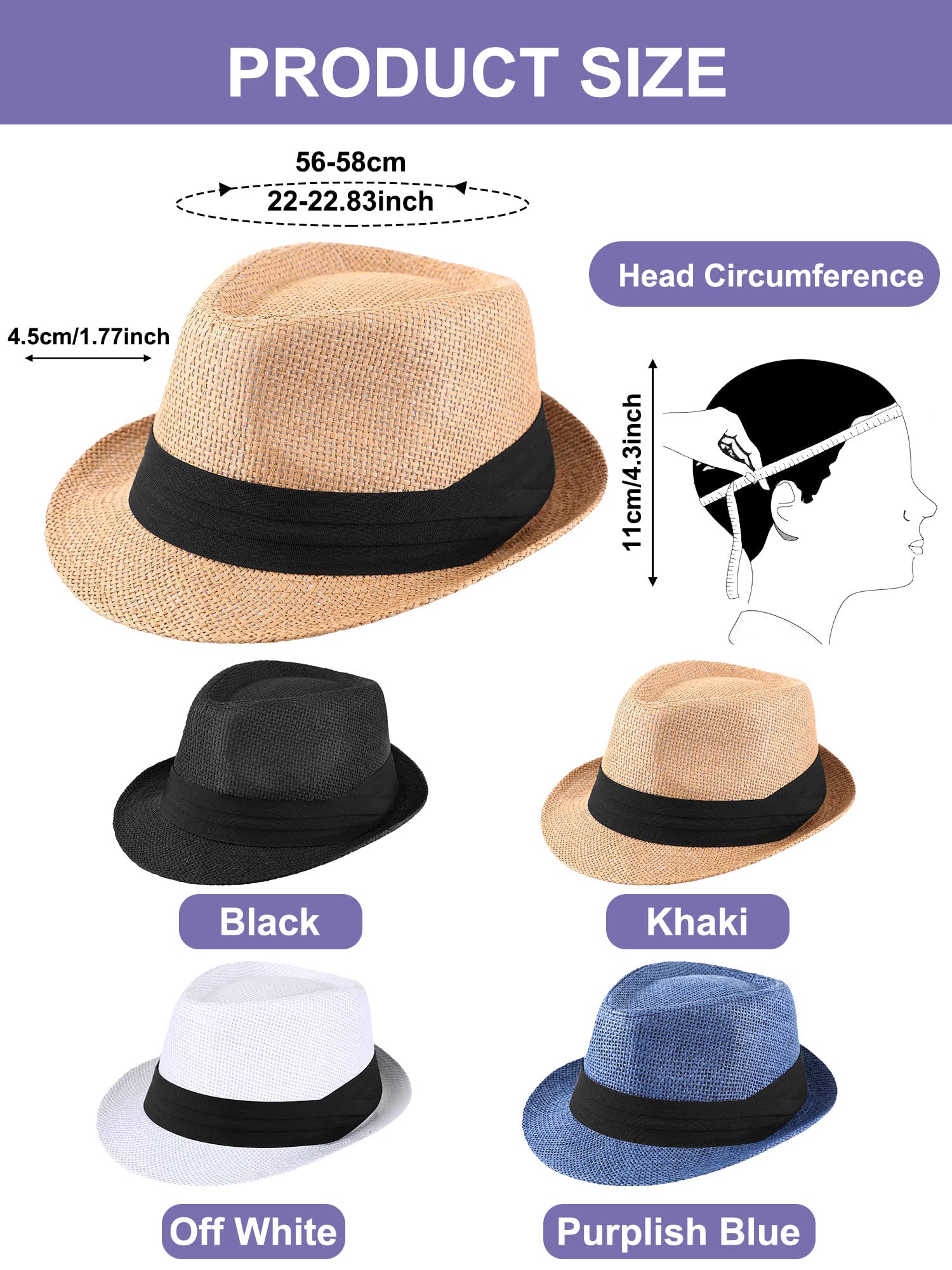 4 Pieces Straw Hats for Men Women Summer Panama Short Brim Hat with Black Band (Retro Style)