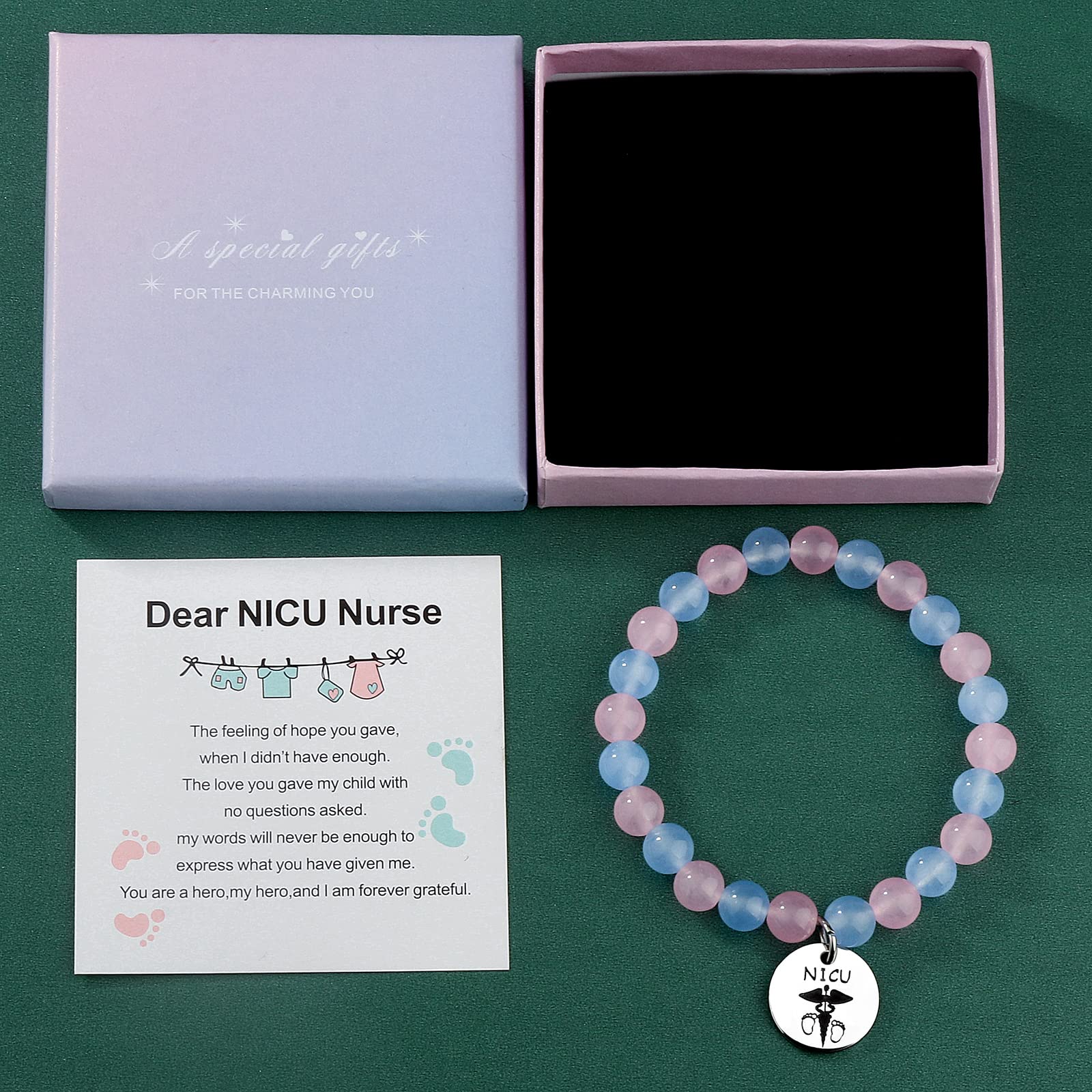 ARHTF NICU Nurse Appreciation Gifts NICU Nurse Bracelet Footprint Charm Thank You Nicu Nurse Gifts Neonatal Nurse Gifts,Neonatal Nurse NICU Nurse Gifts for Women (pink&blue)