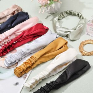 9 Pieces Elastic Hair Wraps and Adjustable Satin Headbands - Twisted Turban and Hair Band for Face Washing, Women and Girls Hair Accessory, 9 Colors