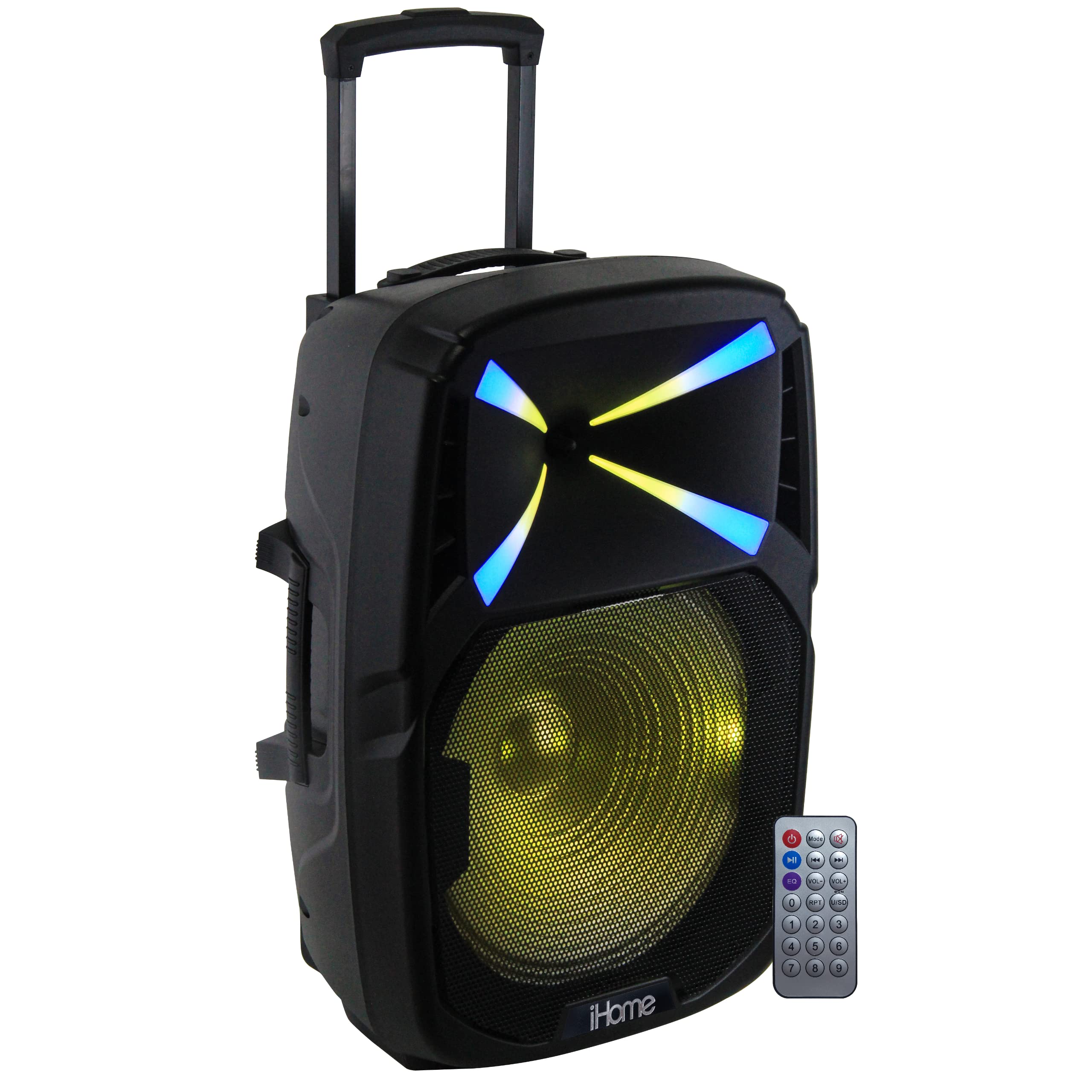 iHome iHPA-1500-LT Bluetooth Wireless Portable Rechargeable Home Party LED Light 15" Inch Woofer 200W Watts Karaoke Machine Rolling PA Tailgate Karaoke Speakers System Microphone on Wheels