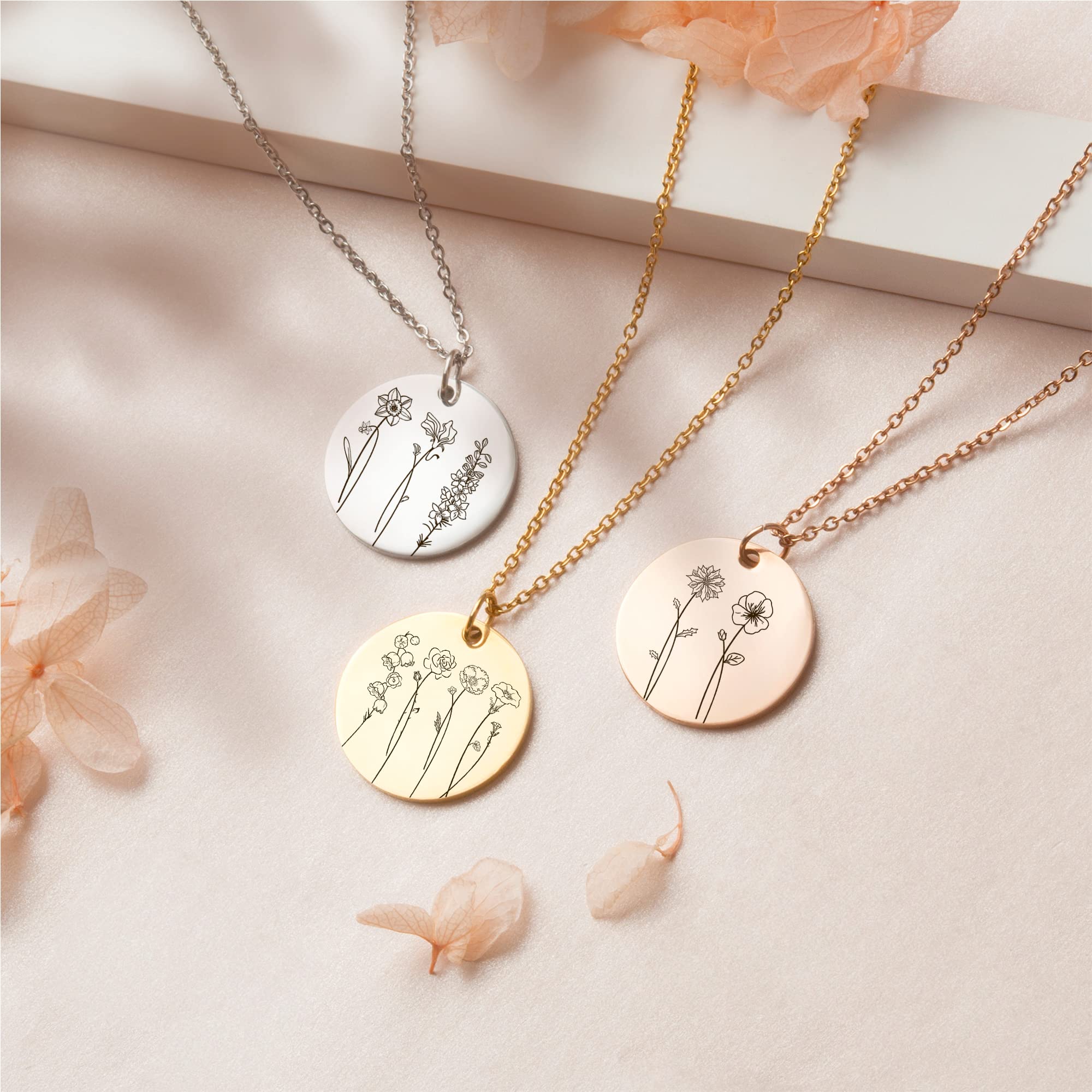 Anavia Multiple Birth Month Flowers Necklace Connection of Family and Friends, Personalized Floral Necklace, Customized Birthday Jewelry Gift for New Mom Sister Long Distance Couple Babyshower (Silver)