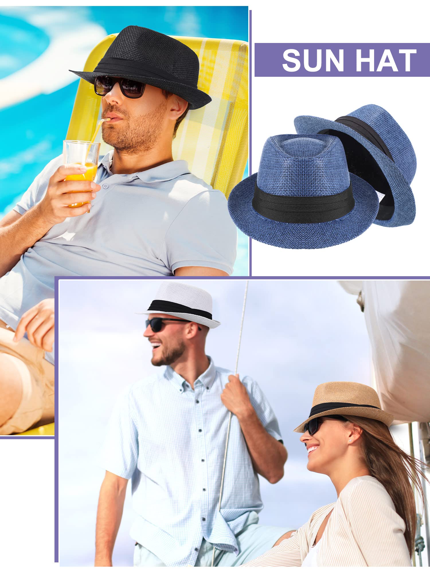 4 Pieces Straw Hats for Men Women Summer Panama Short Brim Hat with Black Band (Retro Style)