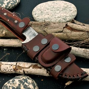 Damascus Steel Hunting Knife Fixed blade knife Damascus Bolster Walnut Wood Handle Mosaic Pin, Bush craft, Outdoor Camping, with Cowhide Leather Sheath – BW-4144