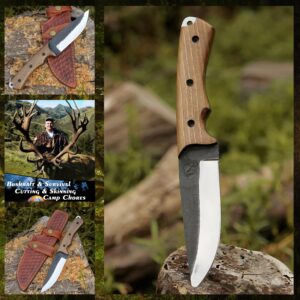 D2 Steel Hunting Knife Fixed blade knife Skinner Knife Walnut Wood handle, Black Edge,Bush craft, Camping, with Cowhide Leather Sheath – BW-4146