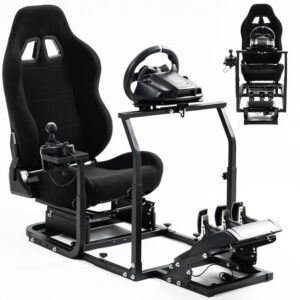 anman g29 universal large racing simulator cockpit with black seat fit for logitech g920 g923,thrustmaster t80 t300rs tmx t150,fanatec,full upgrade steering wheel pedal gear shift lever no steering wh